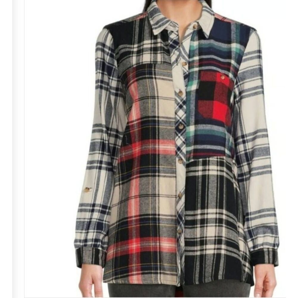 John Mark Flannel Shirt Womens XL Multi‎ Patch Burnout Plaid Vervet Point Collar